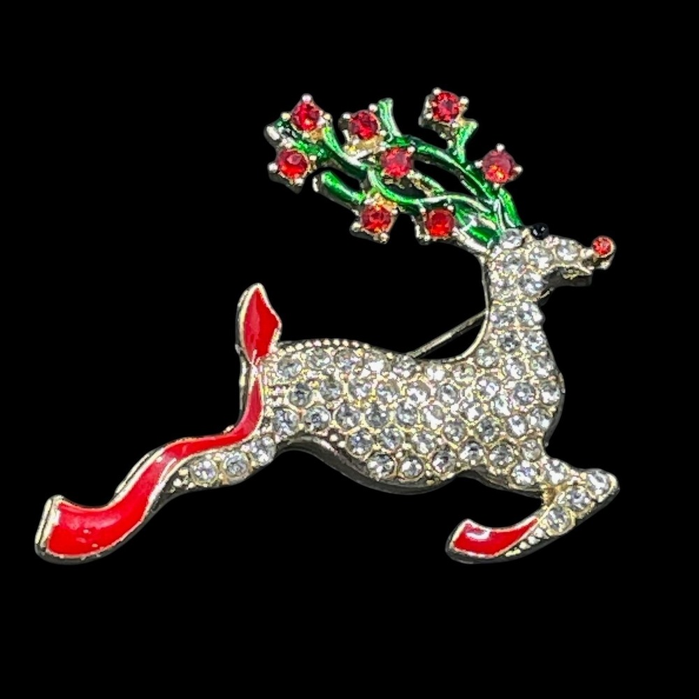 Rhinestone‎ Reindeer Brooch Holiday Pin Christmas Bling Coquette Festive Gift